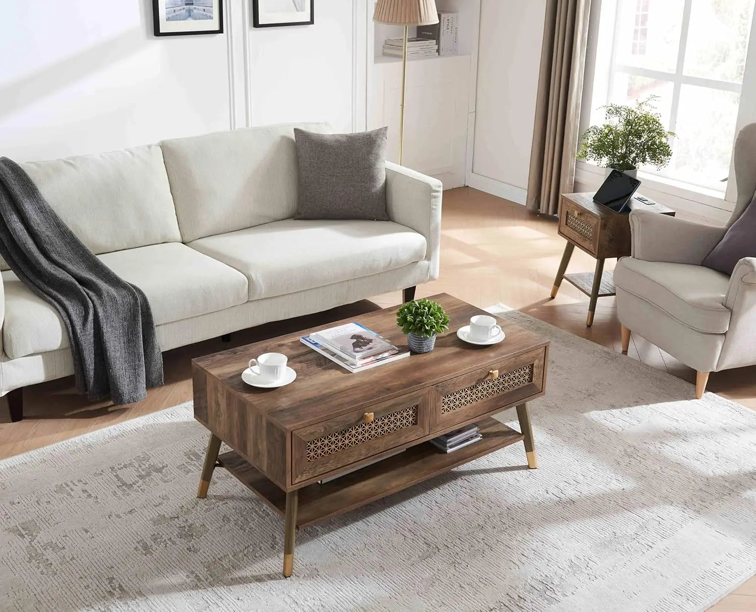 Mid Century Modern Coffee Table with Storage Drawers & Open Shelf, Solid Wooden Boho Rectangle Table