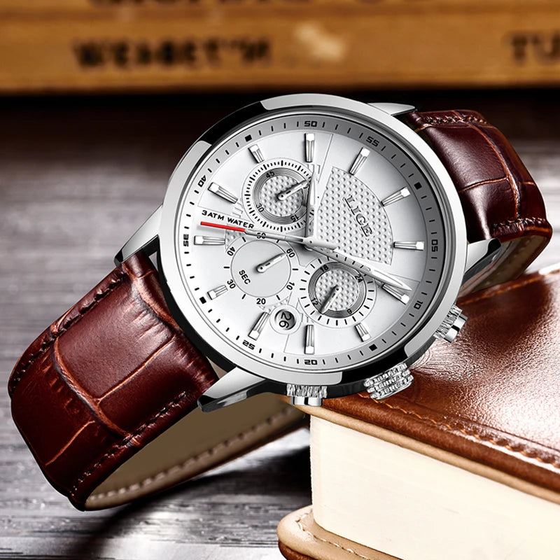 LIGE Watch Men Fashion Leather Sports Watches Men's Army Military Quartz Wristwatch Chronograph Male Clock Relogio Masculino