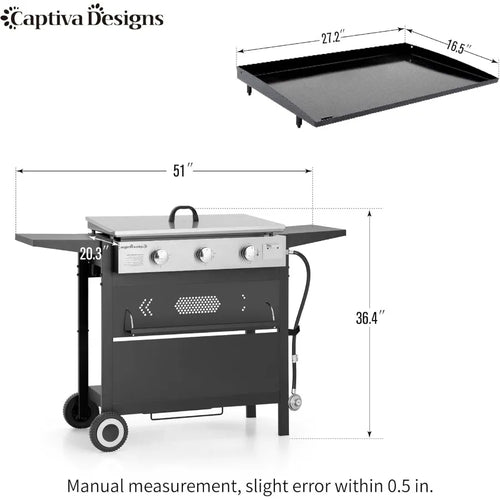 27 in Flat Top Griddle Grill with Ceramic Coated Cast Iron Pan 3-Burner Propane Gas Griddle Grill 33 000 BTU Output for Outdoor