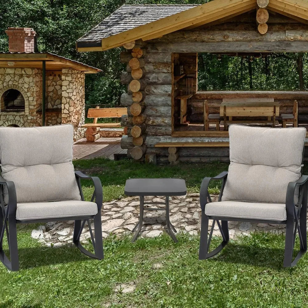 Outdoor 3-Piece Rocking Bistro Set, Modern Patio Furniture Set w Warm Gray Cushion, Glass Coffee Table, Small Rocker