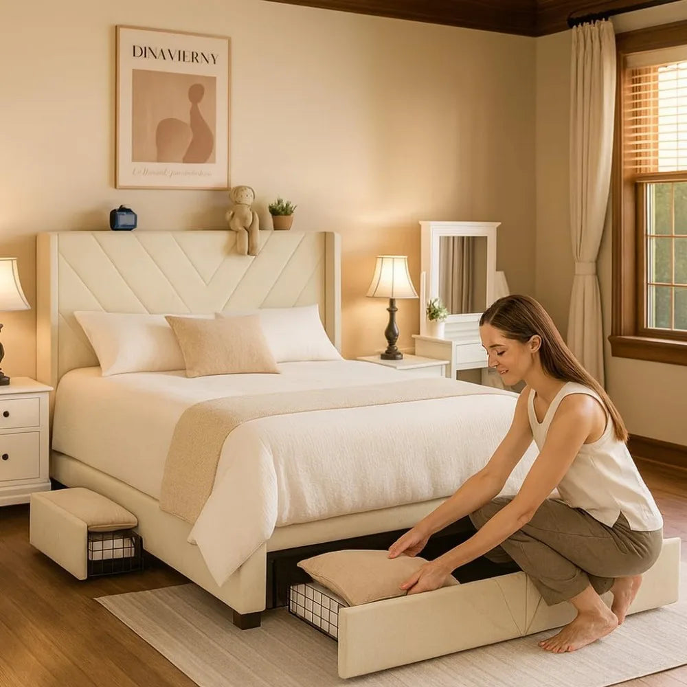 Modern Upholstered Platform Bed Frame with Queen Size, Headboard, USB & Type-C Charging Ports, and Storage Drawers