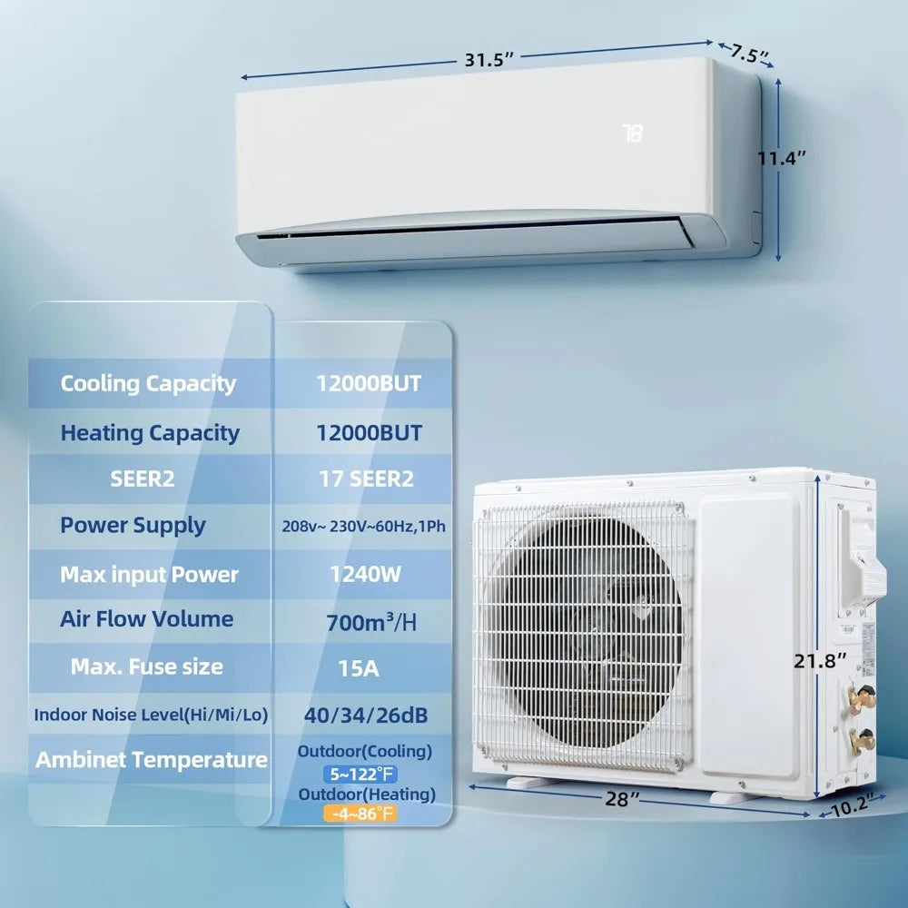 12000BTU Mini Split Air Conditioner& Heater, 17 SEER2  Wall-Mounted AC Unit Cools Rooms up to 750 Sq. Ft, Energy Efficient