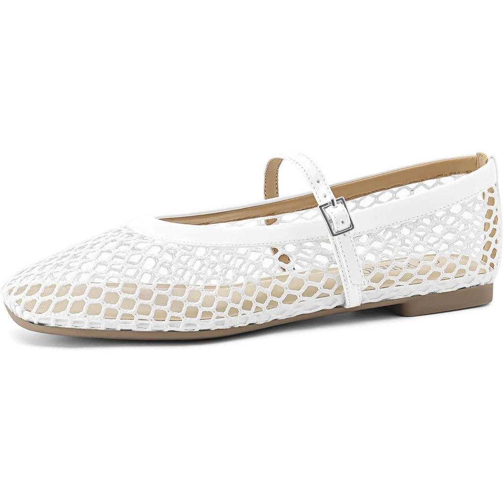 Women‘s Mesh Ballet Flats Comfortable Square Toe Ballerina Flats Buckle Strap Casual Fishnet Flat Shoes