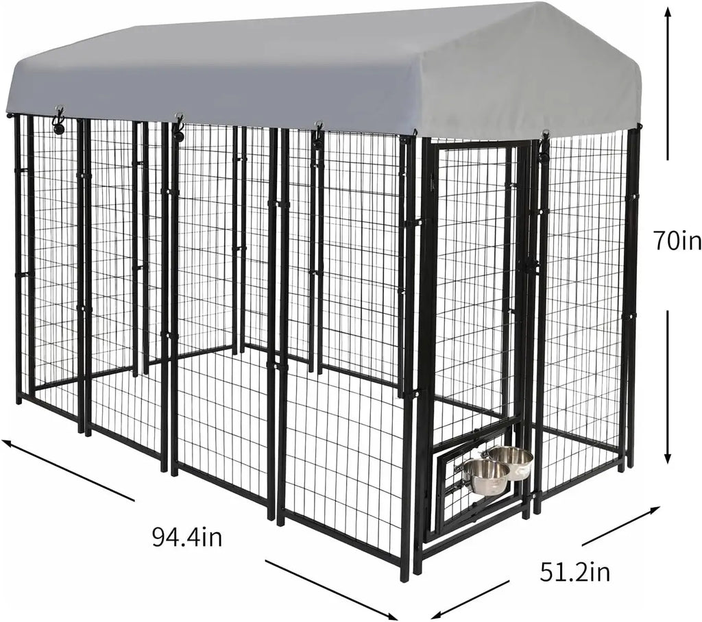 8x4x6 FT Dog Kennel Outdoor for Large Dogs - Heavy Duty Welded Steel Dog Playpen with Waterproof Roof, 360° Rotating Bowls
