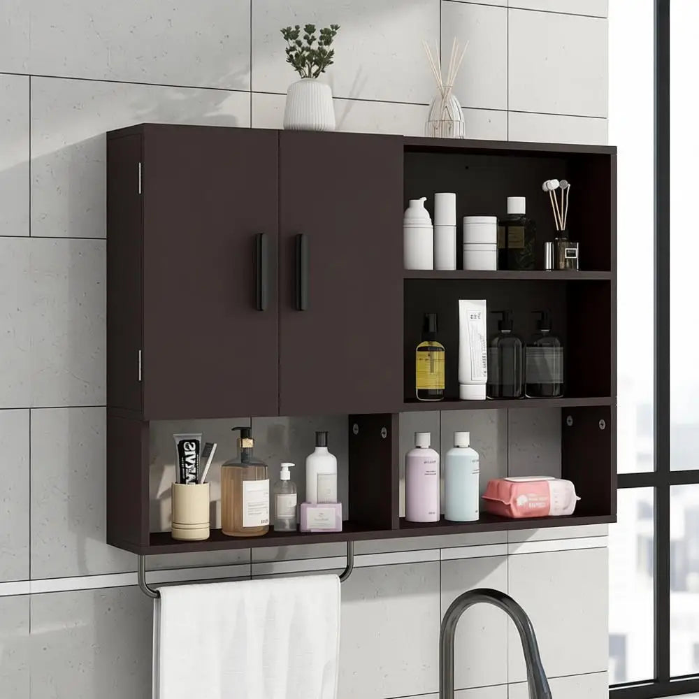 Medicine Cabinet, Wooden Bathroom Wall Cabinet with 2 Doors, Adjustable Shelves & Towel Bar, Over Toilet Storage Cabinet Wall Mo