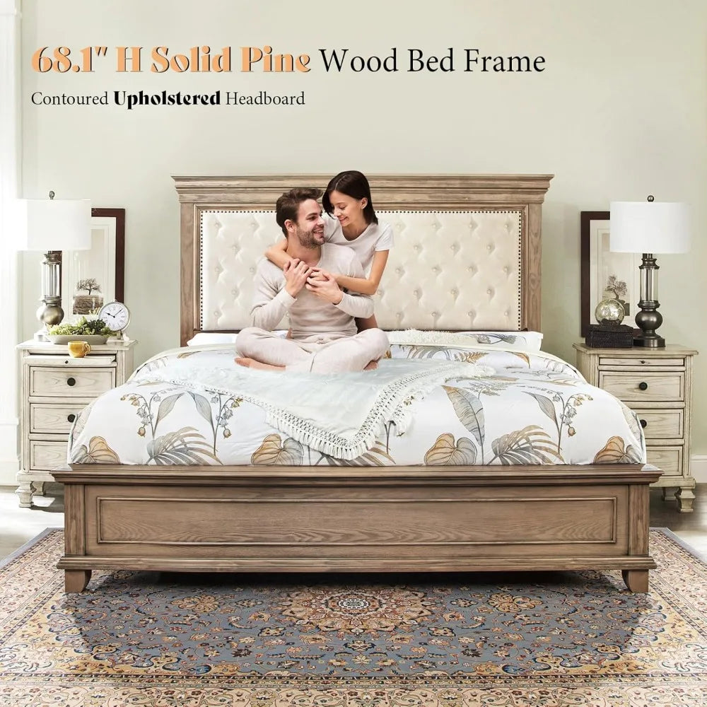 King Size Solid Wood Farmhouse Bed Frame with Upholstered Headboard, Architectural Style, No Box Spring Needed