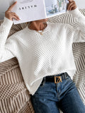 White Chunky Knit Drop Shoulder Sweater, Long Sleeve Pullover for Fall Winter Casual Outfit