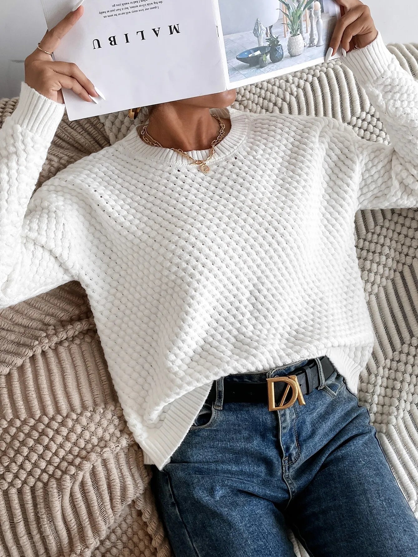 White Chunky Knit Drop Shoulder Sweater, Long Sleeve Pullover for Fall Winter Casual Outfit