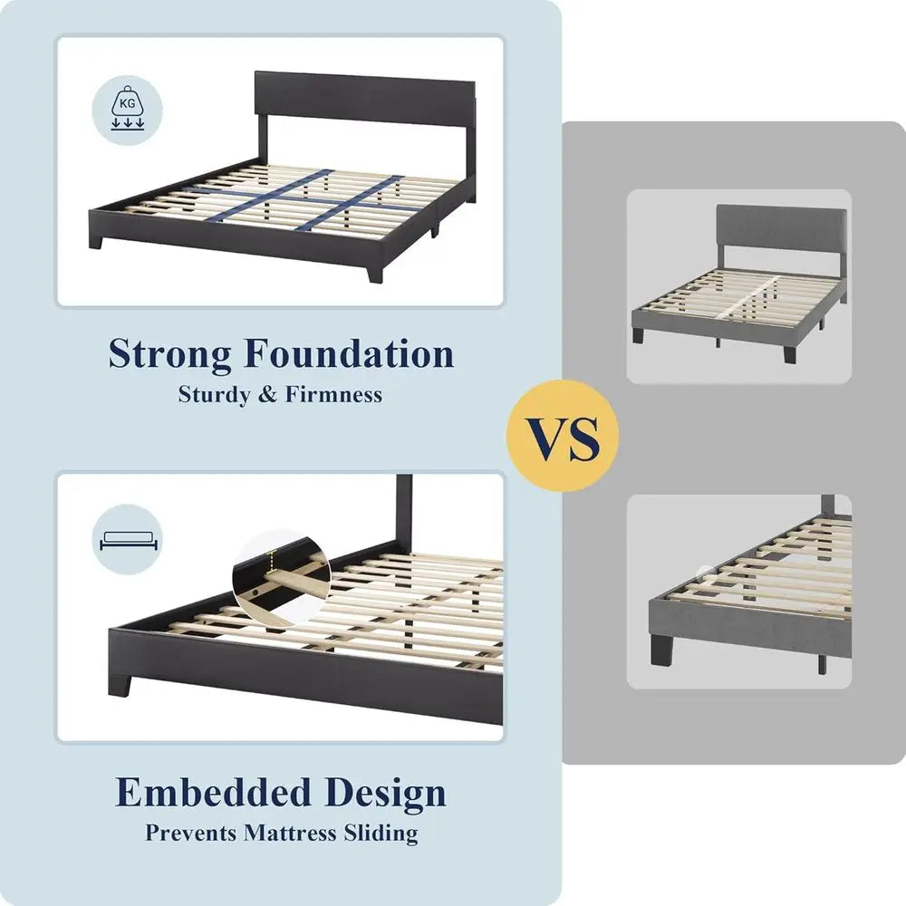 DAFIFY King Size Bed Frame Adjustable Headboard, Faux Leather Platform Bed, Wood Slats, Mattress Foundation, No Box Spring, Easy