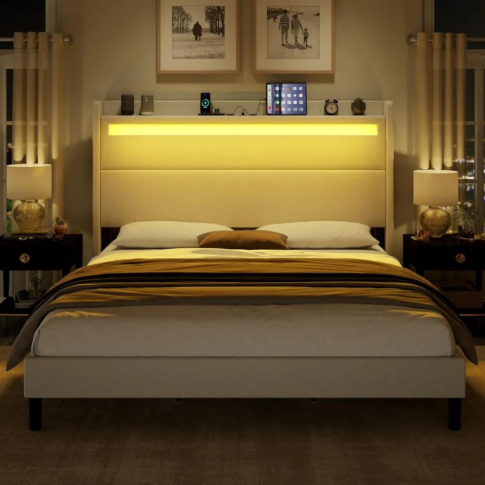 Bed Frame with LED Lights & Wingback Headboard, Upholstered Platform Bed with USB & USB-C Ports, No Box Spring Nee Customized