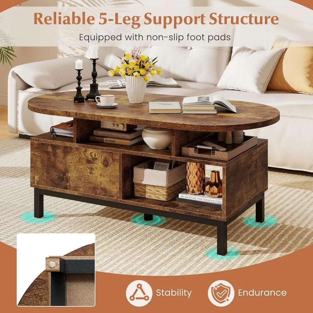 Oval Wood Coffee Table with Storage and Drawer, 47-inch Accent Center Table for Small Spaces