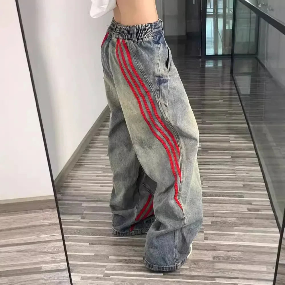 Vintage American Style High-Waisted Striped Color Blocking Jeans New Couple Model Loose Fit Bell Bottoms Fashion Sensibility Des