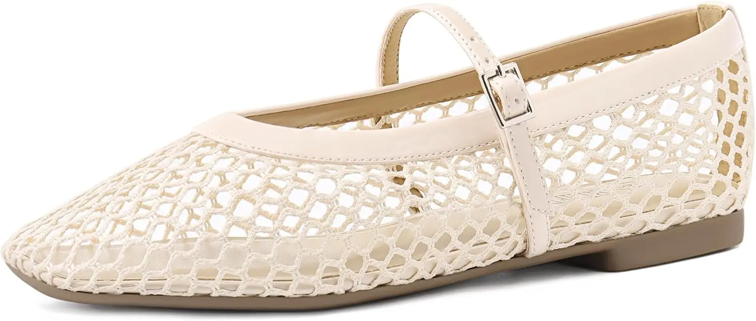 Women‘s Mesh Ballet Flats Comfortable Square Toe Ballerina Flats Buckle Strap Casual Fishnet Flat Shoes