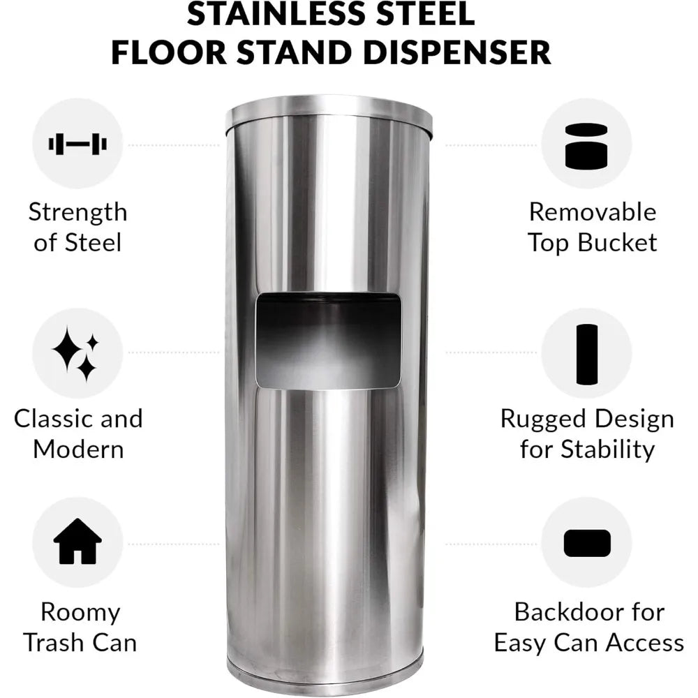Stainless Steel Floor Stand Wipe Dispenser with Built-in Trash Can: Fits Sanitizing and Disinfecting Wipe Refill Rolls - Perfect