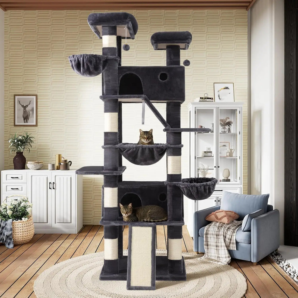 81in Multi-Level Tall Cat Tree Tower for Indoor Kitties with Hammock, Scratching Posts, and Wide Base in Dark Grey