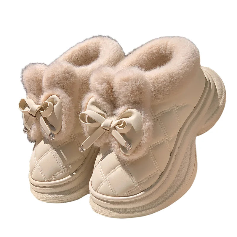 Sweet Bowknot Furry Indoor Slippers Women 2025 Winter Soft Thick Bottom Fluffy Fur Home Slippers Warm Plush Platform Slides