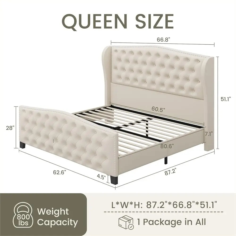 Velvet Wingback Queen Bed Frame with Deep Button Tufted Platform and Wood Slat Support, No Box Spring Needed.，Customized