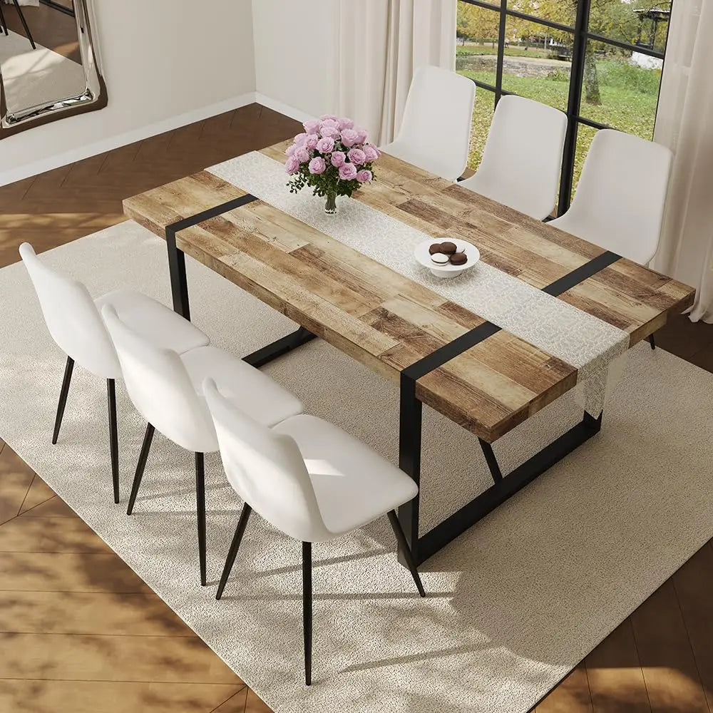 Wood Dining Table Set for 6, 71" Large Rectangular Kitchen & Dining Room Table with 6 Suede Upholstered Chairs,, Customized