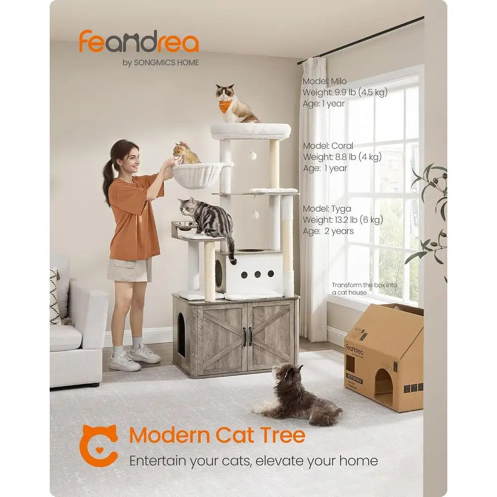 66.9-Inch Large Cat Tower with Litter Box, Food Station, Storage, Scratching Posts, Cave, Hammock, Washable Cushions, Heather Gr