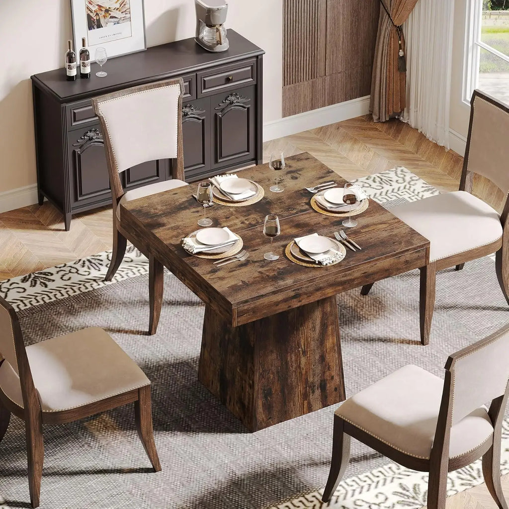 Square Dining Table for 4, Small Kitchen Table with Sturdy Pedestal Base, Farmhouse Dinner Table for Dining Room, Living Room