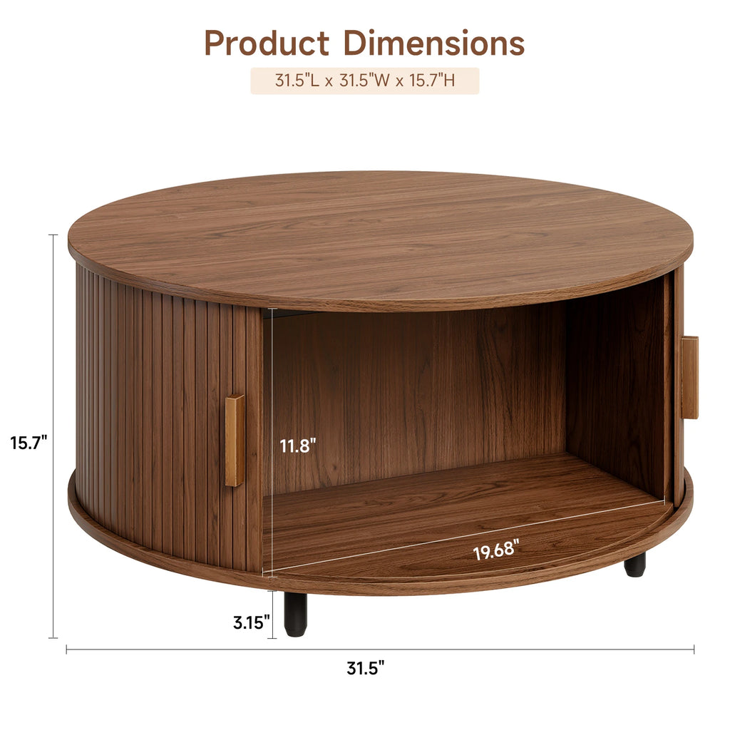 Round Coffee Table with Storage,31.5" Modern Coffee Table with 360° Curved Sliding Door,Fluted Wood Accent Coffee Tablee