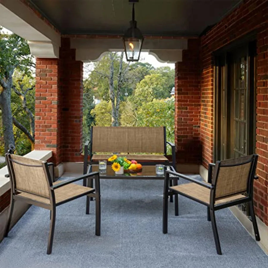 4 Pieces Patio Furniture Set Outdoor Garden Patio Conversation Sets Poolside Lawn Chairs with Glass Coffee Table Porch Furnitur