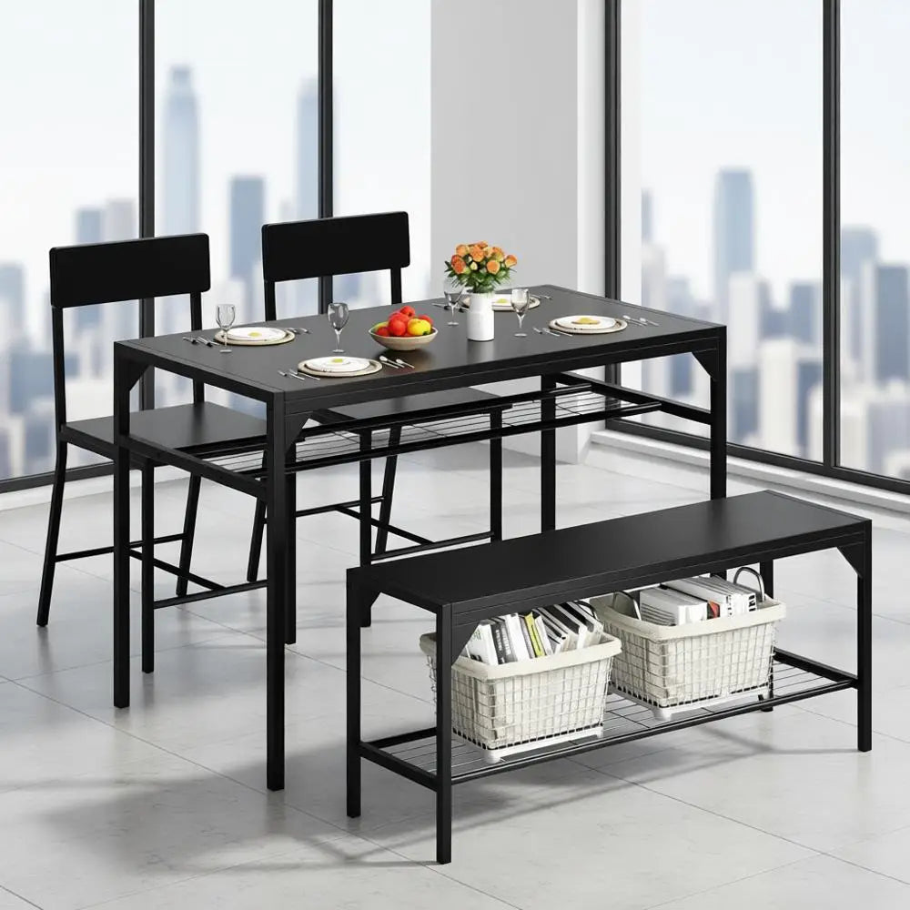 4-Piece Dining Set with Bench and Chairs, Kitchen Table Set for Small Spaces, Metal Frame, Black