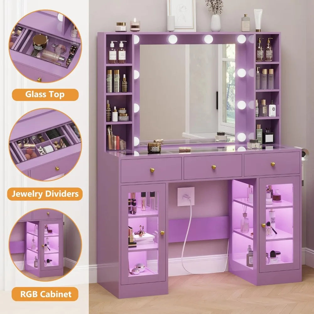 Purple Vanity Desk with Mirror and Lights, Glass Top Vanity with Lighted Mirror & RGB Glass Cabinet and 3 Drawers, Makeup Desk w