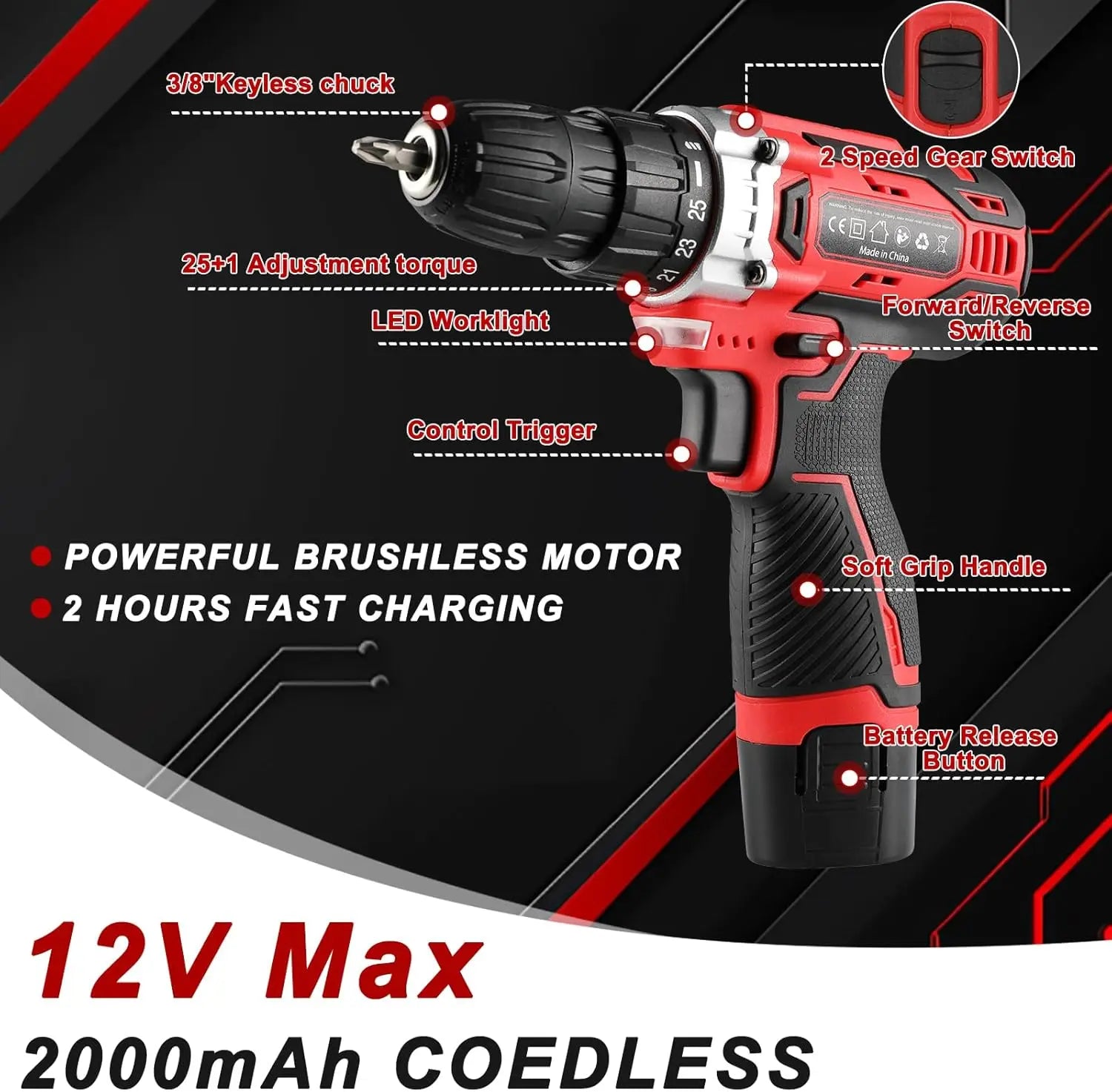 138 Pcs Tool Set with 12V Cordless Drill –Power Hand Tool Kit with Magnetic Drill Bit Set, 2-Speed Control & Fast Charging