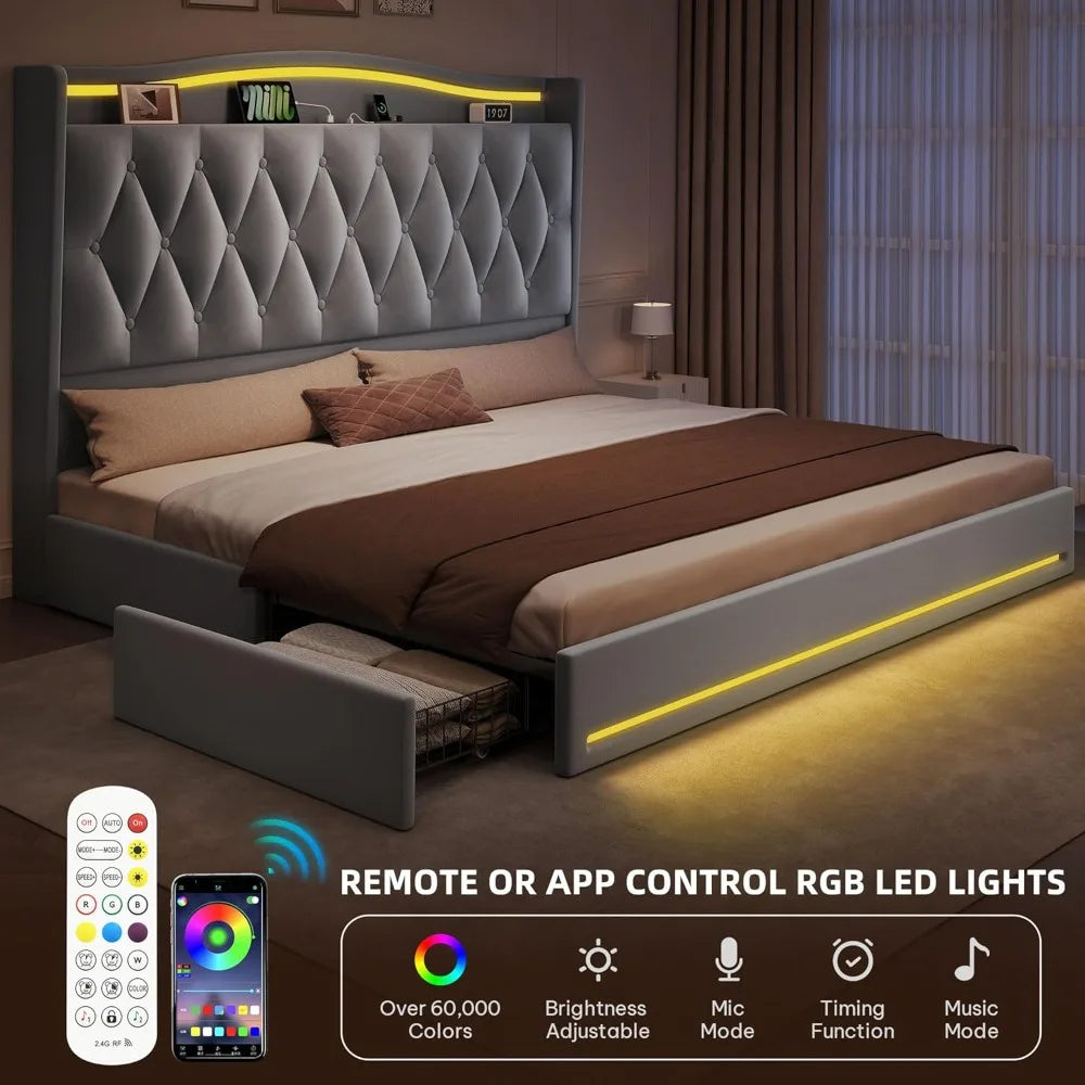 King Size DWVO Bed Frame with 4 Storage Drawers, RGB LED Lights, and 57 Tall Velvet Upholstered Headboard with Charging Station