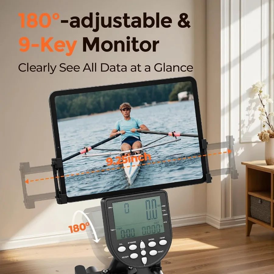 Magnetic Water Rowing Machine for Home Fitness Training with Bluetooth App Connectivity Ideal for Tall Power Athletes Featuring