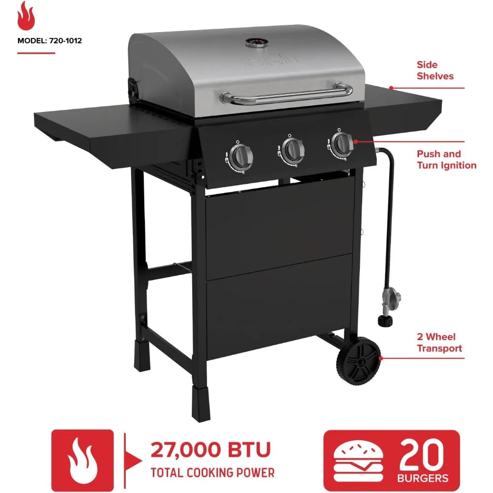 Nexgrill 3-Burner Propane Gas Grill with Side Shelves, 27,000 BTU Output, Stainless Steel Hood, Large 429 Square Inch Cooking Ar