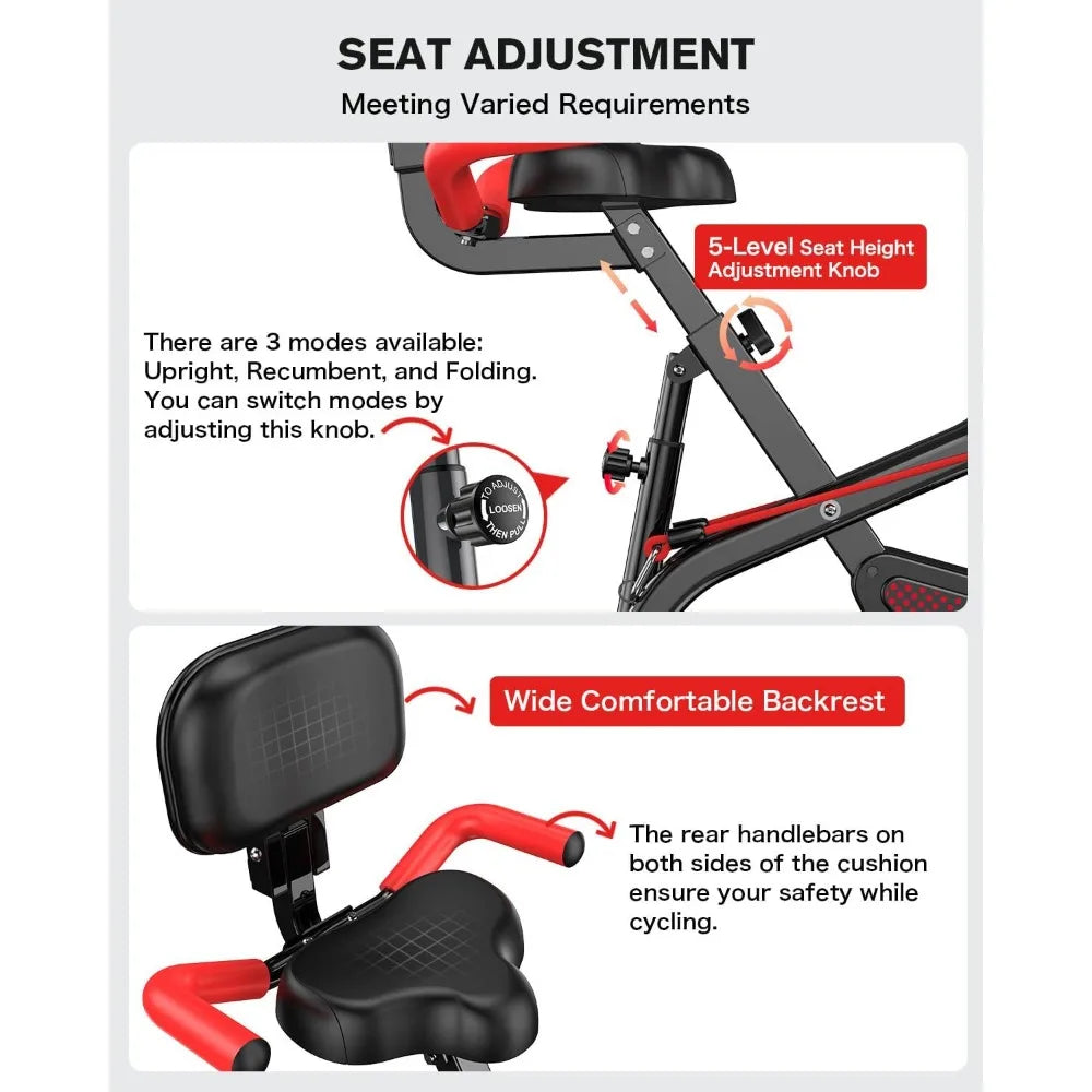 Folding exercise bike, fitness stationary bike, grade 8 adjustable resistance, back support pad for home gym workouts