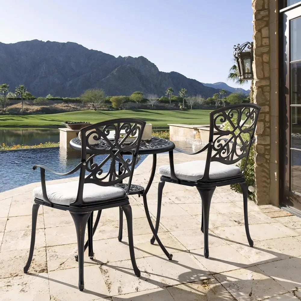 3 Piece Outdoor All Weather Cast Aluminum Patio Bistro Set Patio Table and Chairs Set of 2 with Umbrella Hole and Grey Cushions