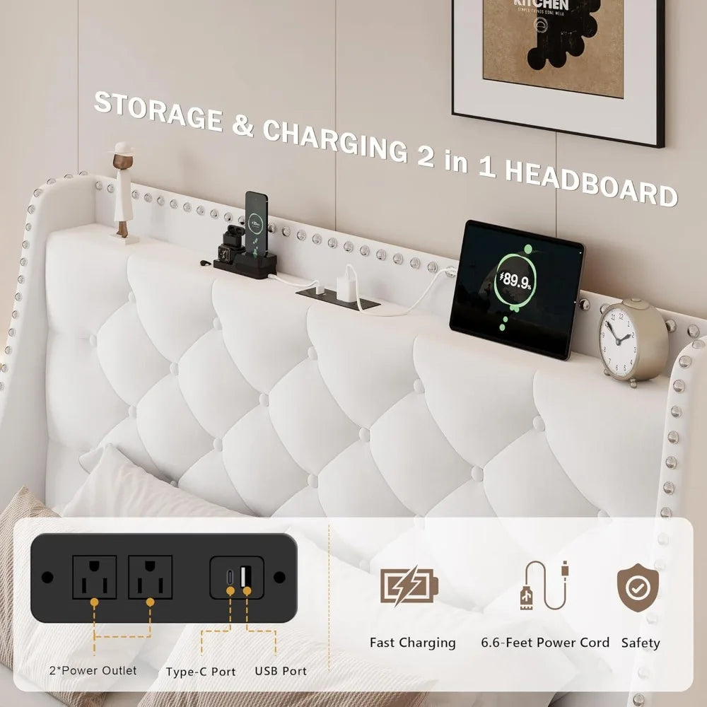 Full Bed Frame with 16 Modern Wingback Button Tufted Storage Headboard, Upholstered Platform Bed with Charging Station, Sturdy W