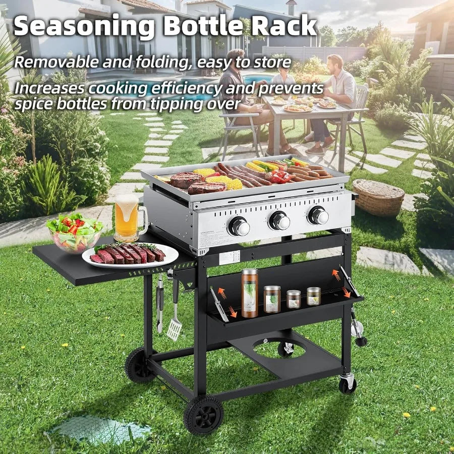 3 Burner 30000 BTU Outdoor Gas Griddle with Lid Portable Flat Top Griddle 28 Inch Heavy Duty Cast Iron Grill in Black with Bott