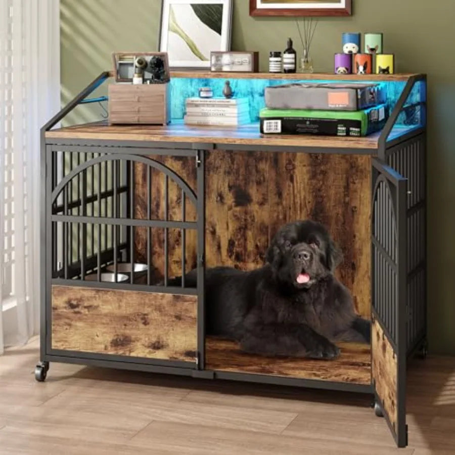 44 Inch Heavy Duty Dog Crate Furniture with 3 Doors Wood Finish Pet Cage for Large/Medium/Small Dogs 360 Stainless Steel Bowls