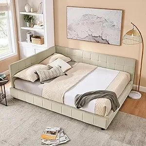 SOFTSEA Queen Size Upholstered Corner Daybed, Modern L-Shaped Daybed with Tufted Backrest, Velvet Corner Bed Floor Bed Frame wit