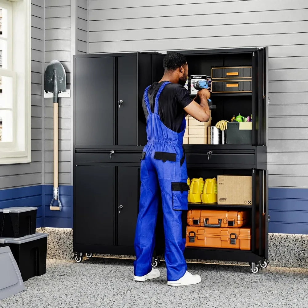 Yizosh Metal Garage Storage Cabinet with Secure Locking Doors and Adjustable Shelves, 73-Inch Rolling Tool Storage Cabinet with