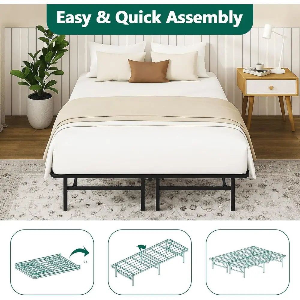 Foldable Bed Frame, King Bed Frame Metal Platform with Steel Slats, No Box Spring Needed, Tool Free Assembly, Quiet & Sturdy Bas