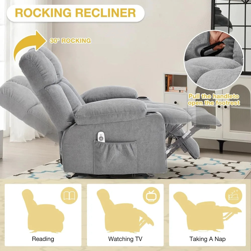 Ergonomic Fabric Nursery Chair with Overstuffed Rocker, Vibration, and Gentle Heat Features