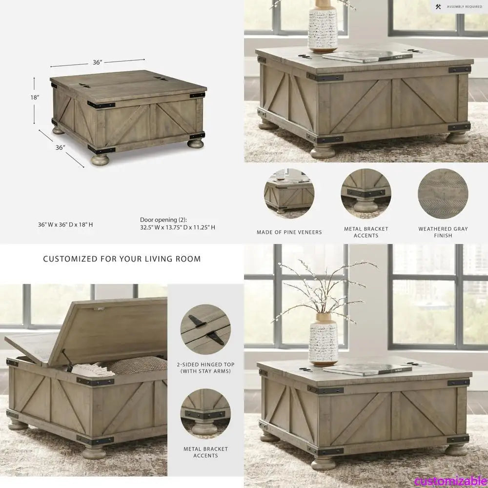 Farmhouse-Style Square Coffee Table with Lift Top Storage, Gray-Brown Finish