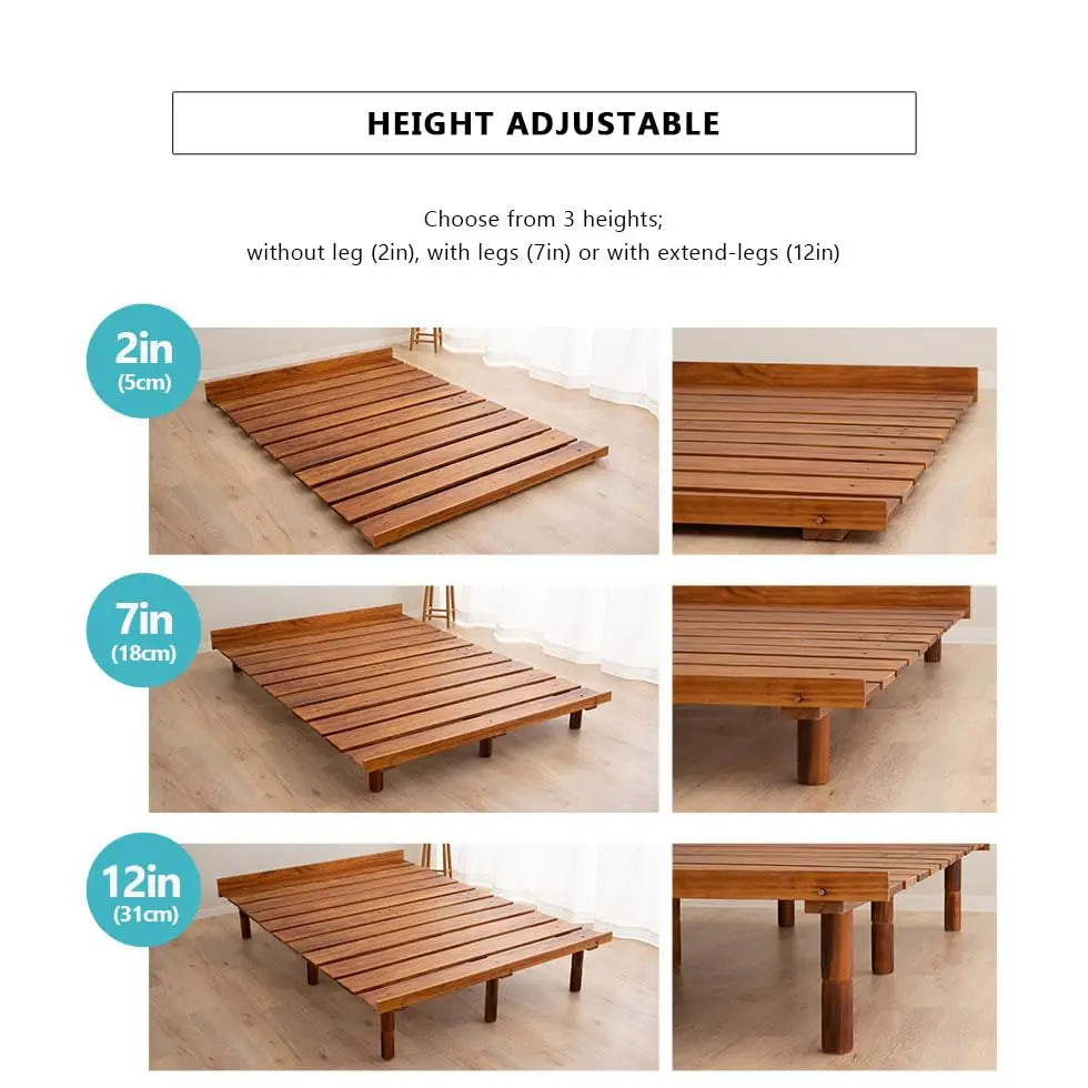 Wood Slatted Floor Bed Frame Full for Japanese Futon Mattress Solid Pine (Retro-Brown), Height Adjustable (2/7/12in) Tatam
