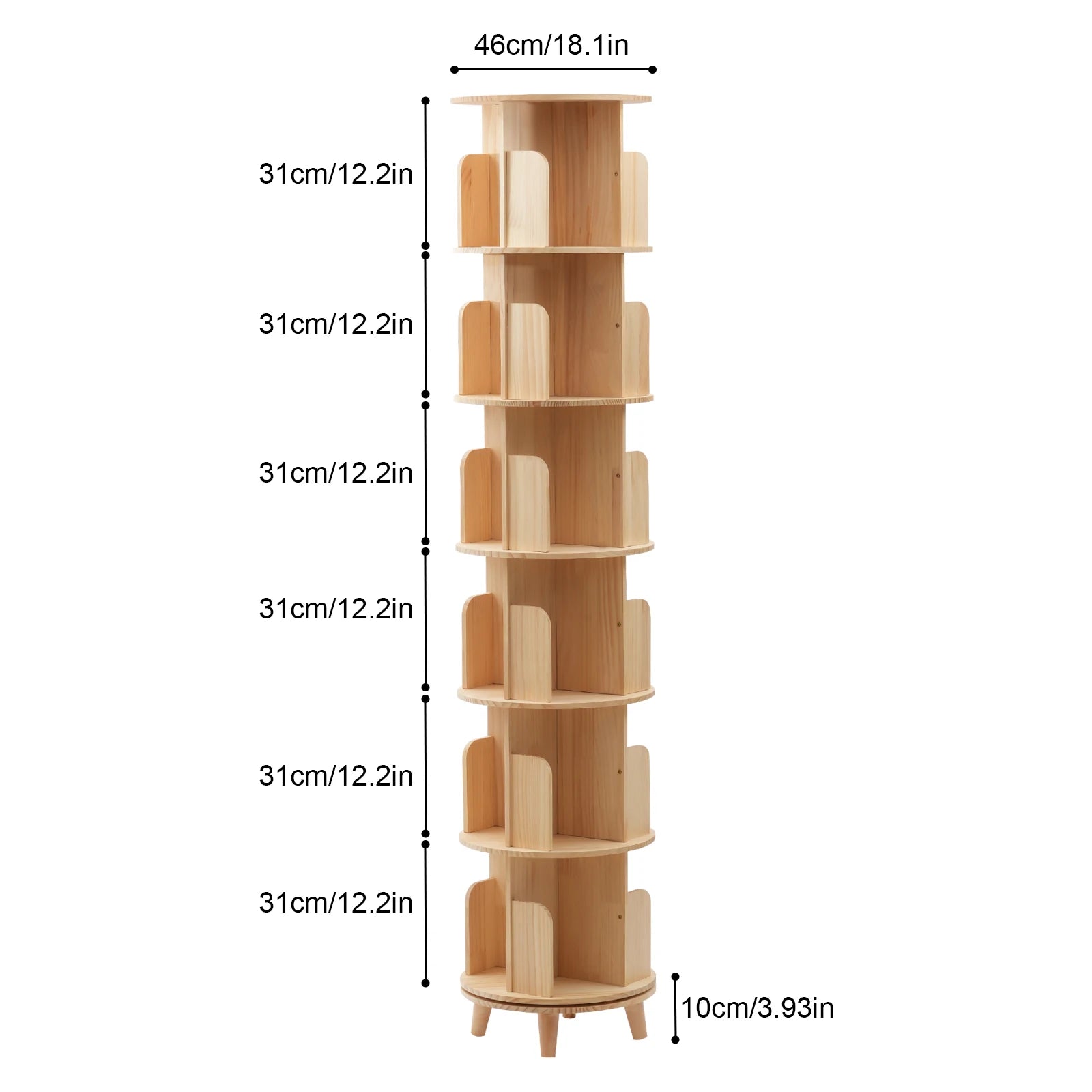 Rotating Bookshelf 6 Tiers Pine Wood 110lbs Load per Layer 0.47in Thick Panels Curved Baffle Reinforced Chassis for Kids Room