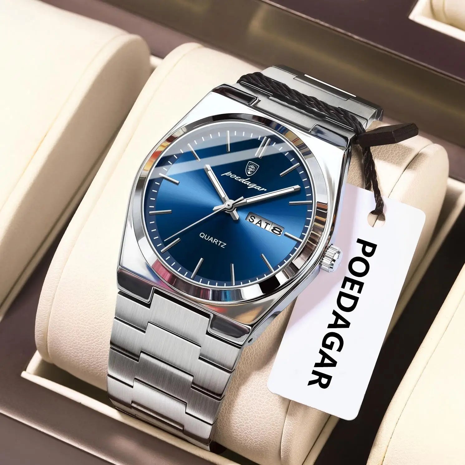 POEDAGAR Luxury Business Watches For Men Stainless Steel Waterproof Luminous Man Watch Date Week Quartz Fashion Men's Wristwatch