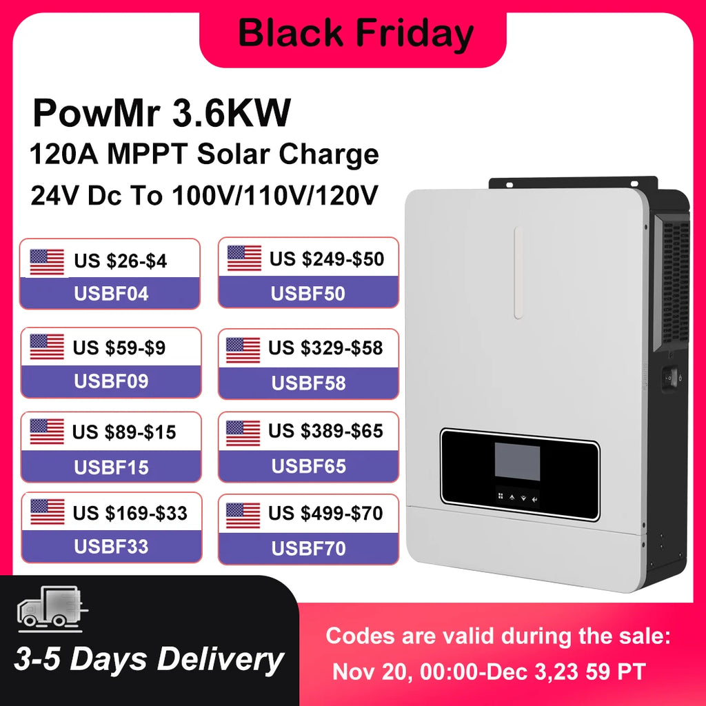 3600W Hybrid Solar Inverter 24V DC to 100/110/120V AC With 120A MPPT Solar Charger Controller Max PV 500Vdc Fit LifePo4 Battery
