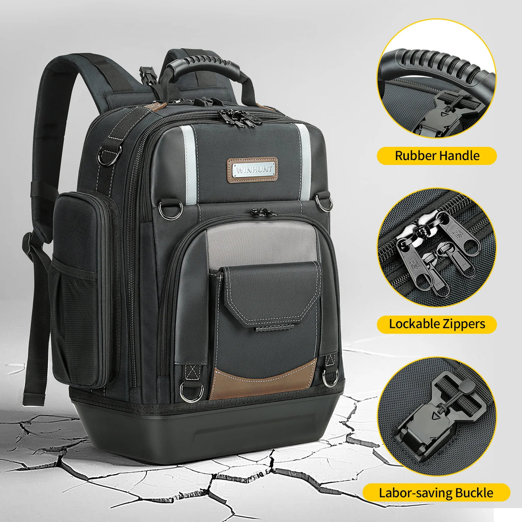 WINHUNT，Professional Tool Backpack, Heavy-Duty Storage Bag with Multiple Compartments, Padded Straps, Black/Grey