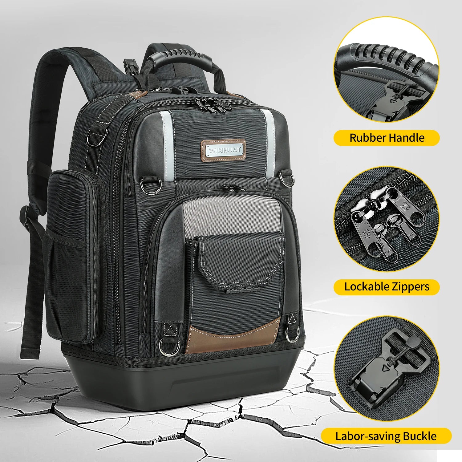 WINHUNT，Professional Tool Backpack, Heavy-Duty Storage Bag with Multiple Compartments, Padded Straps, Black/Grey