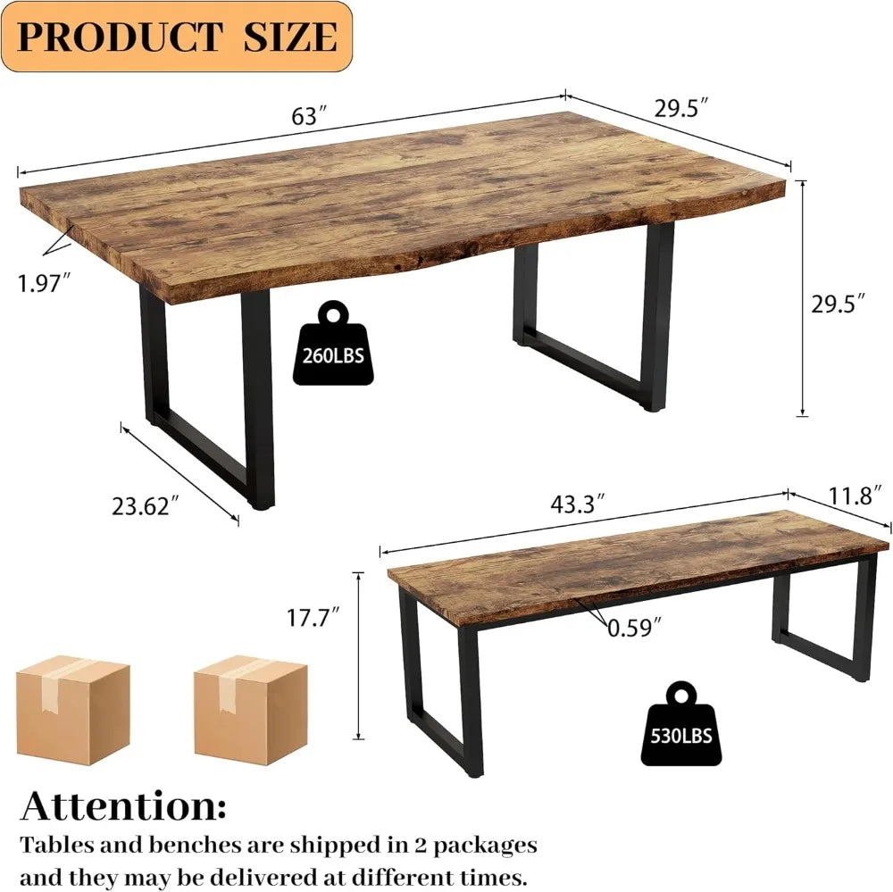 63" Modern Dining Table Set with 2 Benches for 4-6 Persons, Thickened MDF Wooden Kitchen Table and Chairs