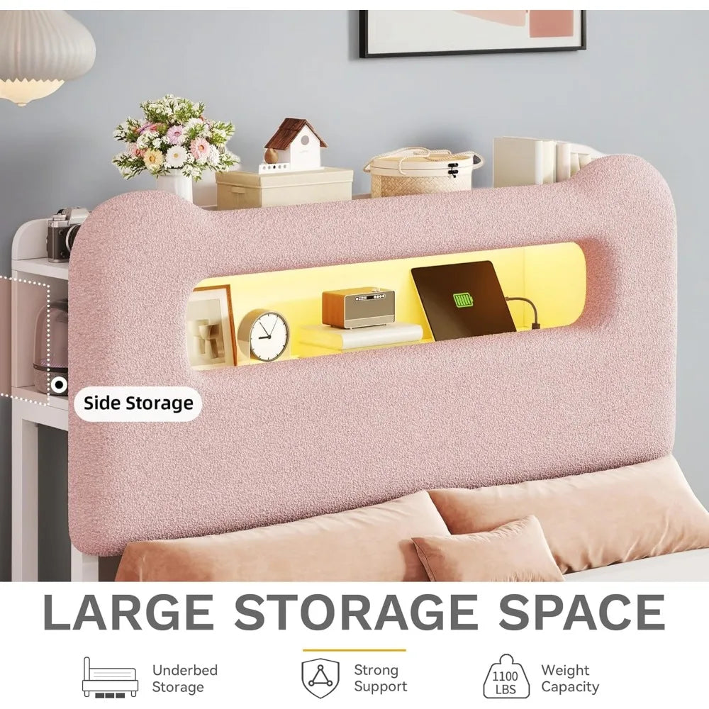 Full Size Boucle Upholstered Bed Frame with Storage Headboard, LED Lighting and USB Ports, No Box Spring Required, Pink